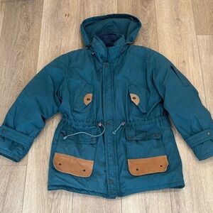 Vintage Green Down Parka Jacket with plaid interior